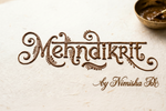 Decorative Mehndi-style script in dark brown on a light beige textured surface, with the name 'Mehndi Kumar' and the text 'by Nimisha Parekh' written below. A small brass bowl with a paintbrush appears in the upper right corner.